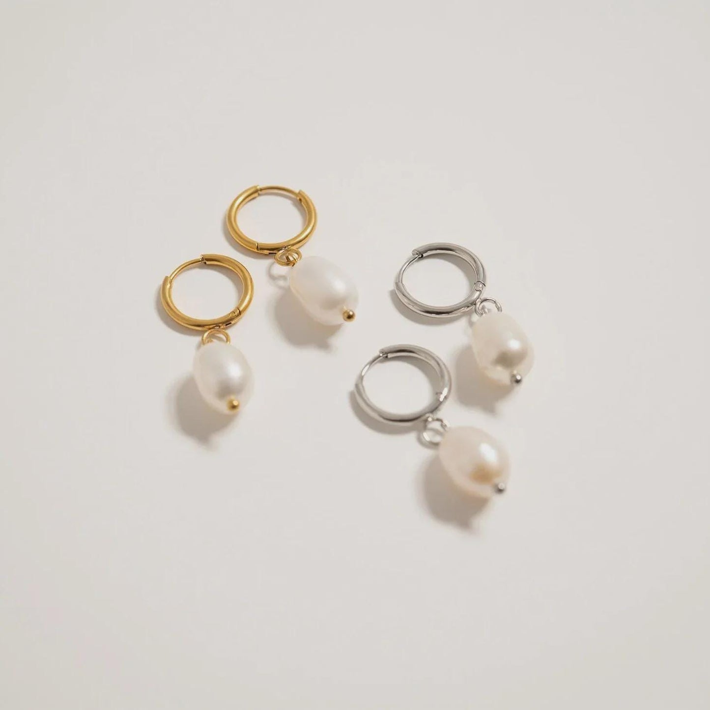 Gold Pearl Drop Huggie Hoop Earring