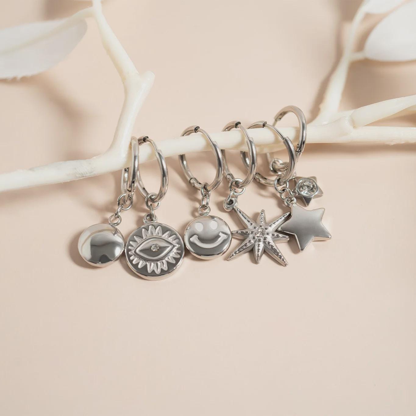 Star and Moon Pendant Huggie Earrings