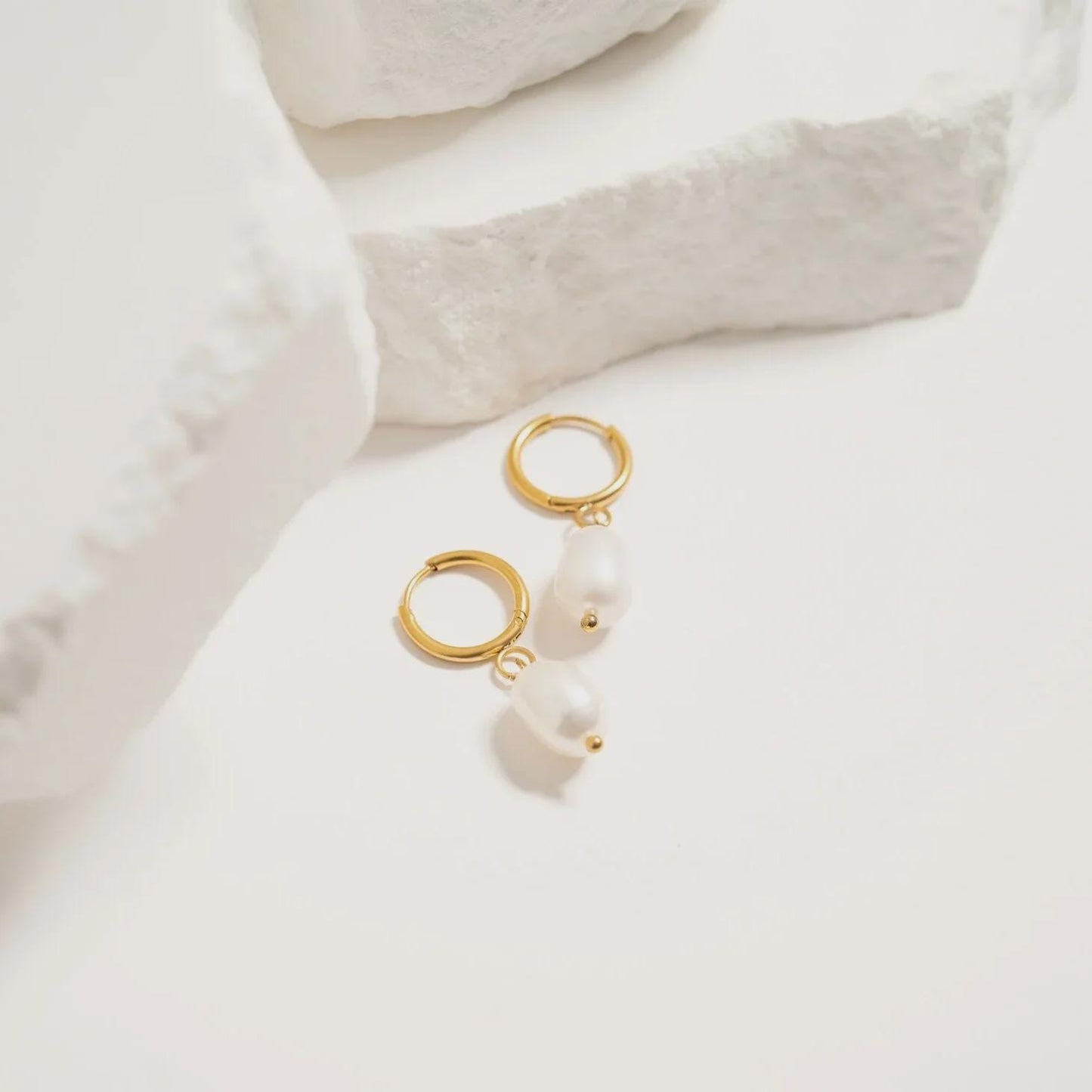 Gold Pearl Drop Huggie Hoop Earring