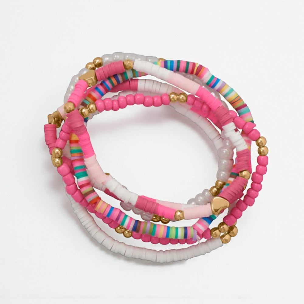 Pink Glass & Rubber Bead Friendship Bracelet Set