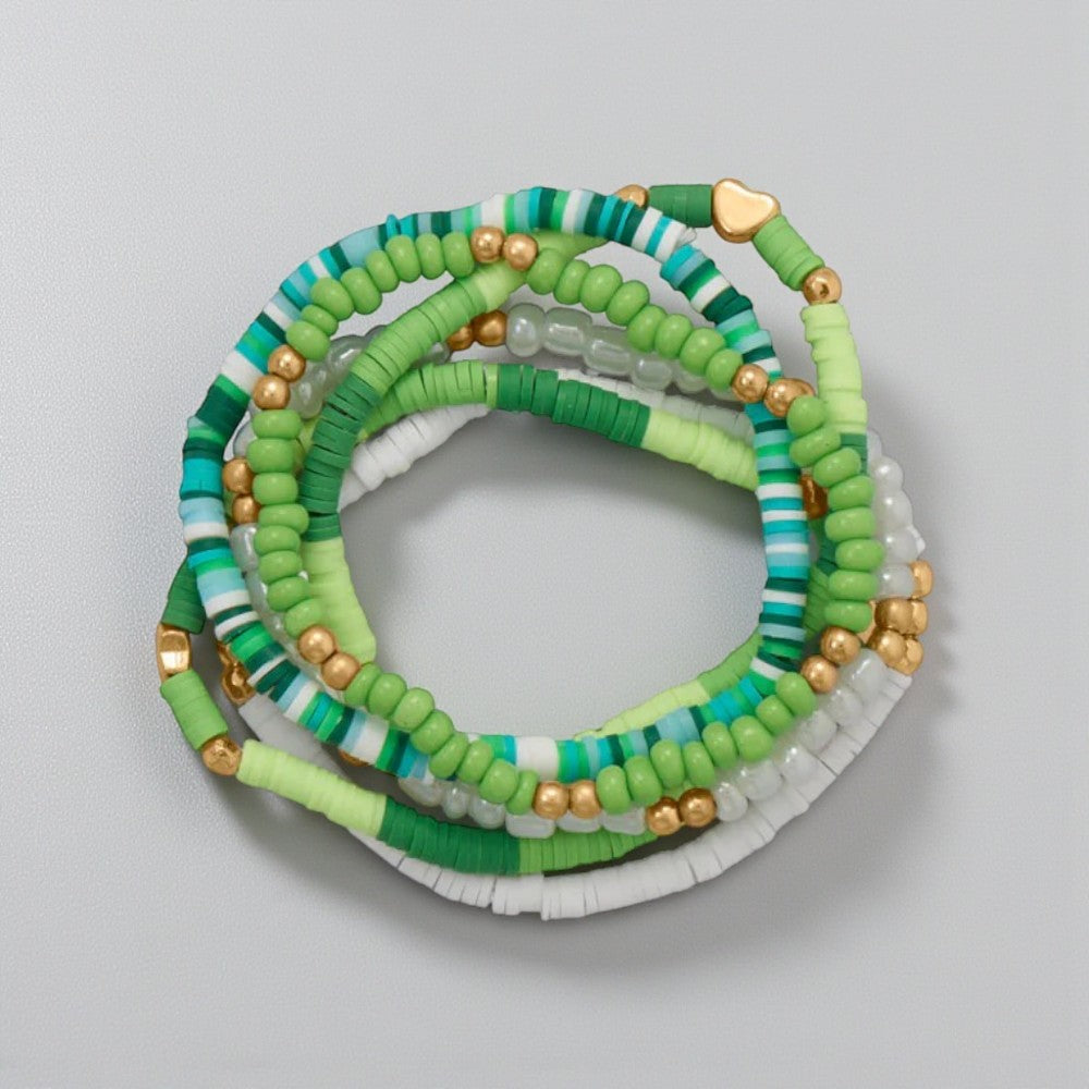 Green Glass & Rubber Bead Friendship Bracelet Set