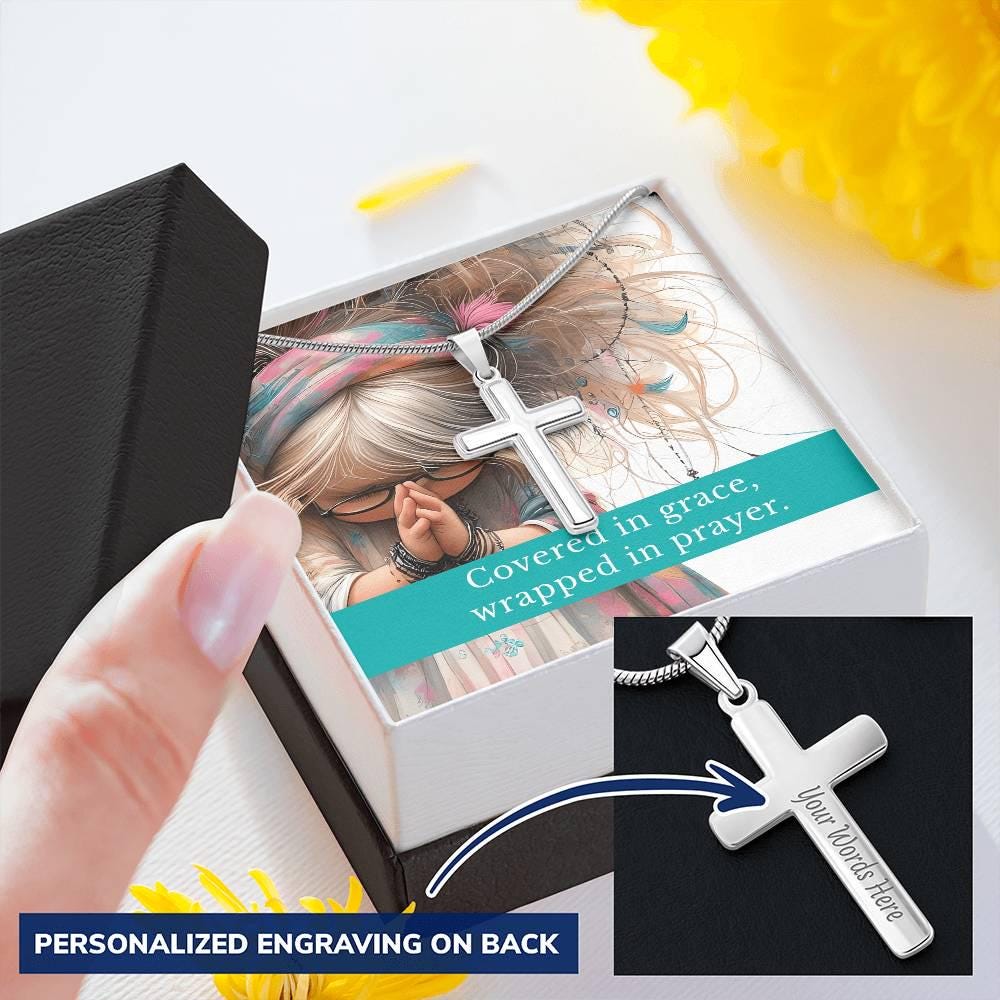 Engraved Cross Necklace – “Covered in Grace, Wrapped in Prayer” – Personalized Christian Gift for Girls, Teens, or Women