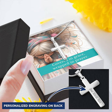 Engraved Cross Necklace – “Covered in Grace, Wrapped in Prayer” – Personalized Christian Gift for Girls, Teens, or Women