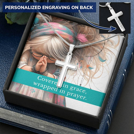 Engraved Cross Necklace – “Covered in Grace, Wrapped in Prayer” – Personalized Christian Gift for Girls, Teens, or Women