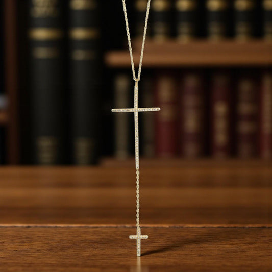 Double CZ Cross Drop Necklace