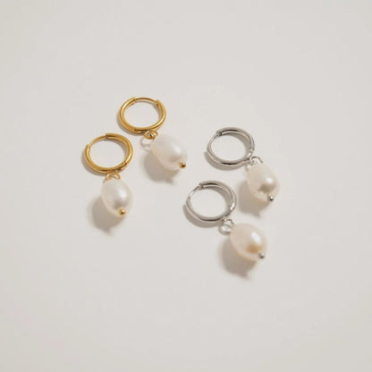 Gold Pearl Drop Huggie Hoop Earring