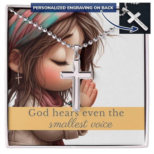 Engraved Cross Necklace Gift – “God Hears Even the Smallest Voice” – Personalized Christian Jewelry for Girls or Teens