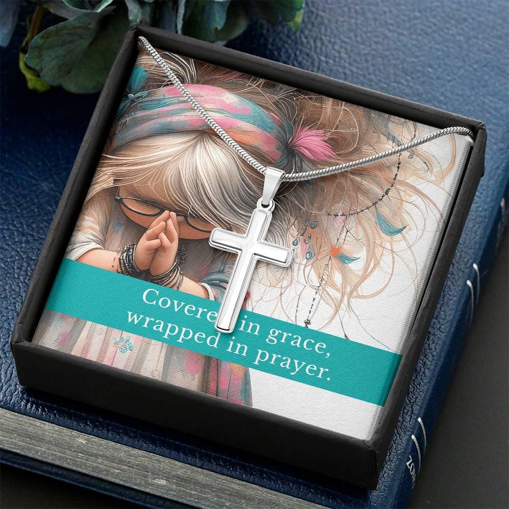 Engraved Cross Necklace – “Covered in Grace, Wrapped in Prayer” – Personalized Christian Gift for Girls, Teens, or Women