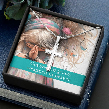 Engraved Cross Necklace – “Covered in Grace, Wrapped in Prayer” – Personalized Christian Gift for Girls, Teens, or Women