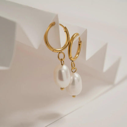 Gold Pearl Drop Huggie Hoop Earring