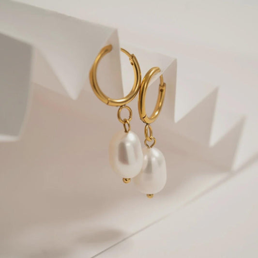 Gold Pearl Drop Huggie Hoop Earring