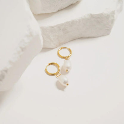 Gold Pearl Drop Huggie Hoop Earring