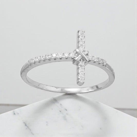 Silver Sideways CZ Cross Ring