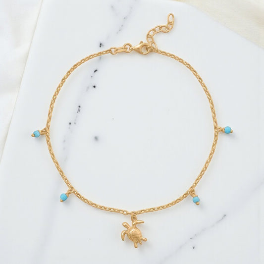 14 Karat Turtle & Turquoise Anklet